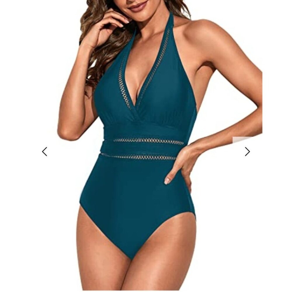 Tempt Me Womens Sexy Cutout Plunge Halter One Piece Swimsuit Teal Size XL Beach